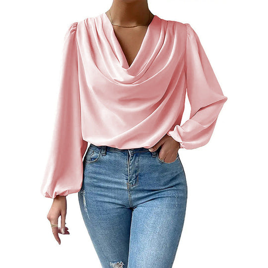 Damen elegante Bluse mit asymmetrischem Halsansatz und langen Ärmeln
