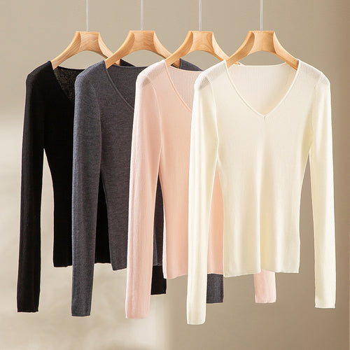 Damen Feiner gerippter Feinstrickpullover mit V-Ausschnitt und taillierter Silhouette Nord Taschen