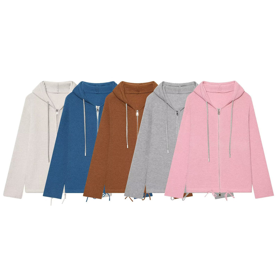 Damen Strickkapuzenjacke mit durchgehendem Reißverschluss, Rippenstruktur und Tunnelzug Nord Taschen