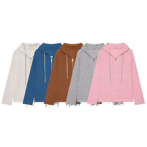 Damen Strickkapuzenjacke mit durchgehendem Reißverschluss, Rippenstruktur und Tunnelzug Nord Taschen
