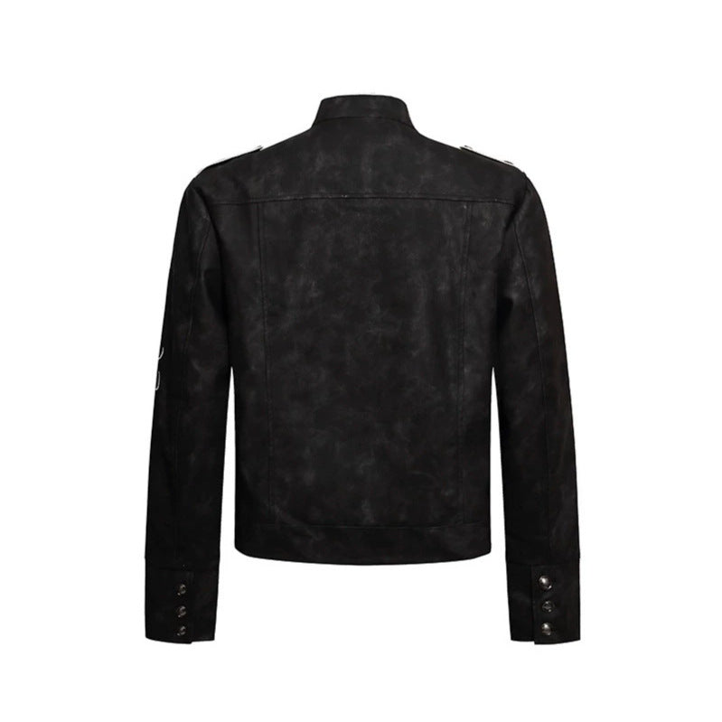 Herren Military-inspirierte Lederjacke mit Stehkragen, Zierknopfreihen und bestickten Ärmeln Nord Taschen