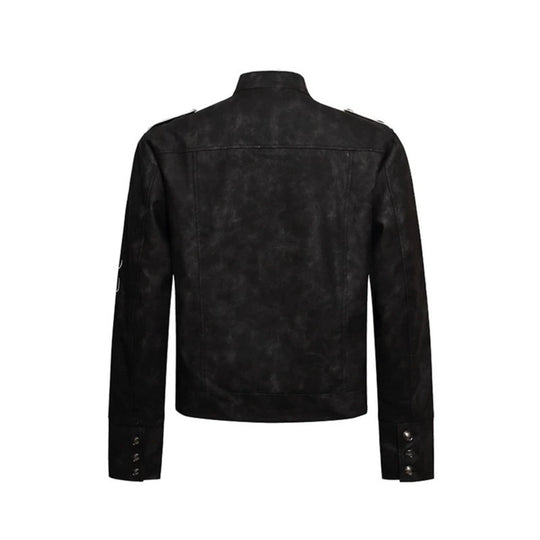 Herren Military-inspirierte Lederjacke mit Stehkragen, Zierknopfreihen und bestickten Ärmeln Nord Taschen