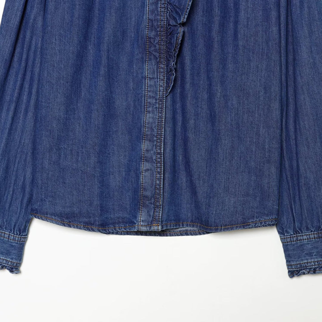 Damen Denim-Bluse mit Rüschenknopfleiste und Stehkragen Nord Taschen