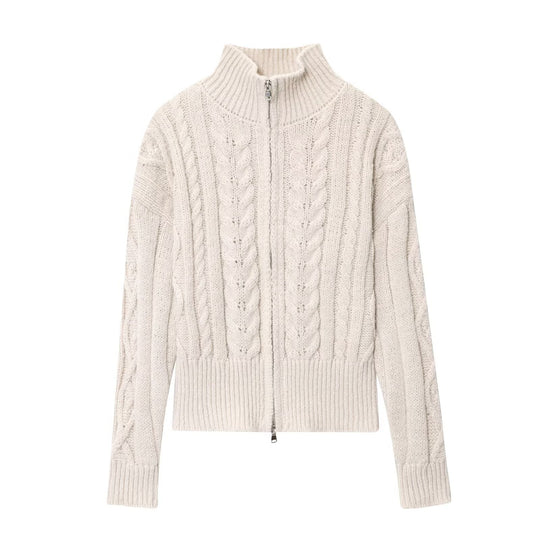 Damen Grobgestrickte Zopfstrick-Cardigan mit Stehkragen und Reißverschluss Nord Taschen