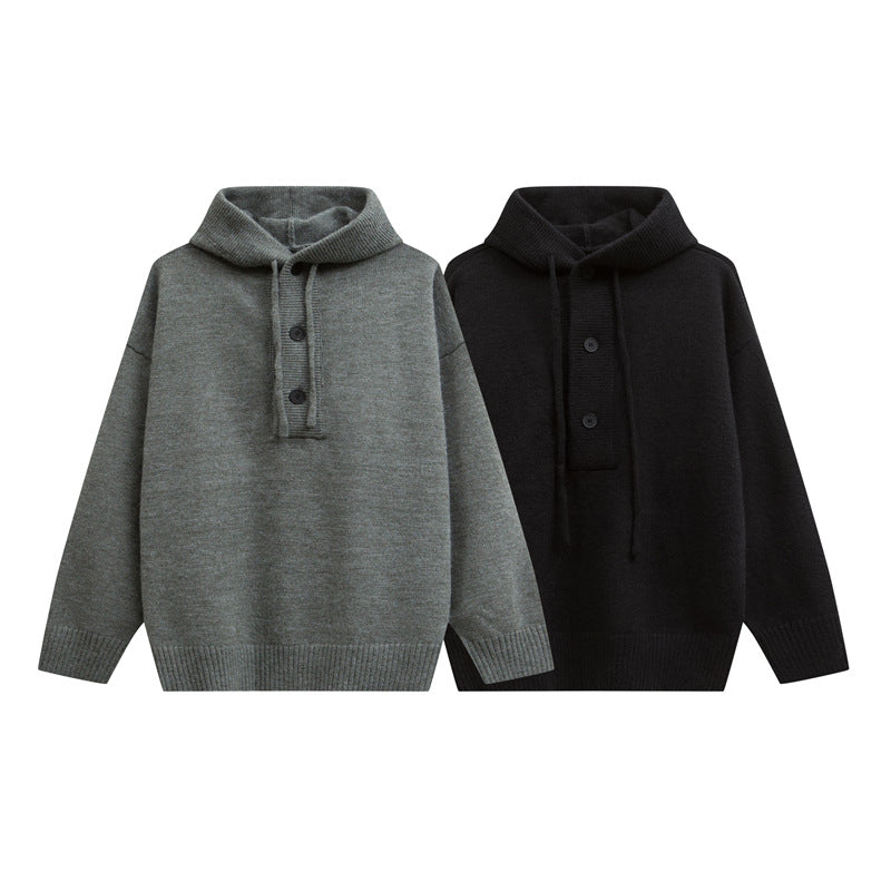 Damen Oversize Kapuzenstrickpullover mit halber Knopfleiste und Rippbündchen Nord Taschen