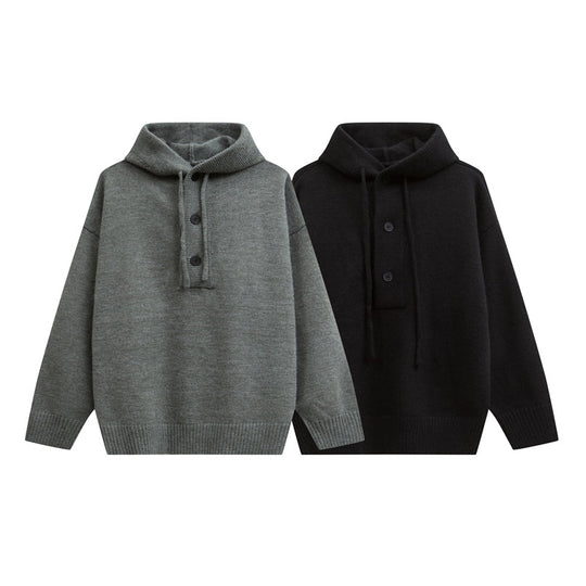 Damen Oversize Kapuzenstrickpullover mit halber Knopfleiste und Rippbündchen Nord Taschen