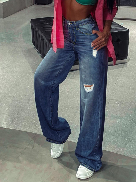 Damen Weite High-Waist Denim-Jeans im Wide‑Leg-Look mit gezielten Destroyed-Details Nord Taschen
