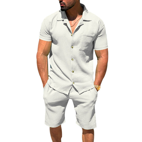 Herren nan lässiges zweiteiliges Freizeitset aus geripptem Jersey mit Hemdkragen Knopfleiste und Shorts
