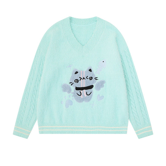 Damen V-Ausschnitt Strickpullover mit Zopfärmeln und Chenille-Katzenmotiv Nord Taschen