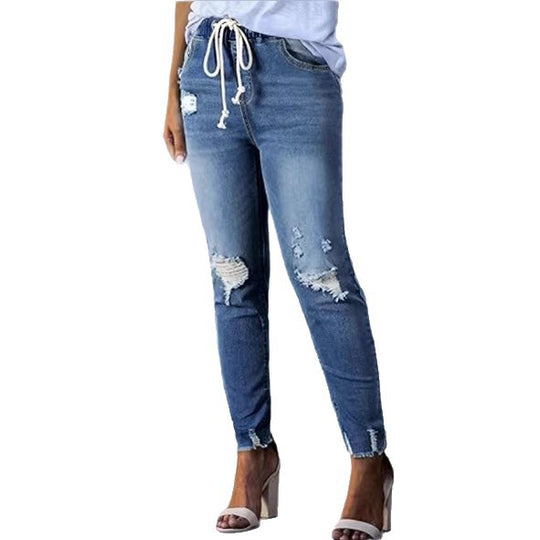 Damen Cropped-Denim-Jeans mit Tunnelzugbund, Destroyed-Kniepartien und rohem Saum Nord Taschen