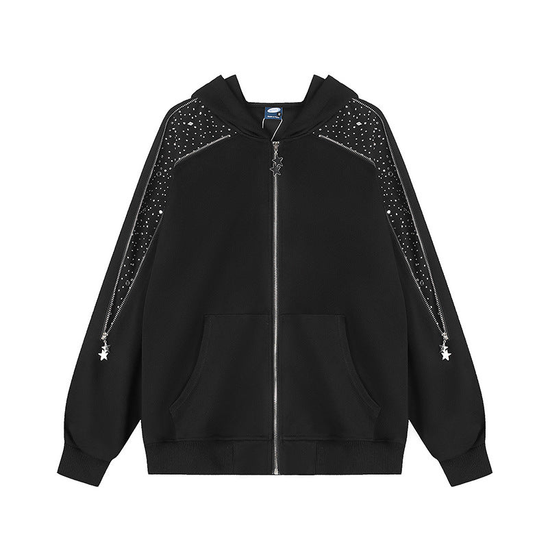 Damen Kapuzen‑Sweatjacke mit Zierstein‑Schulterpaneel, Stern‑Zipper und Oversize‑Silhouette Nord Taschen