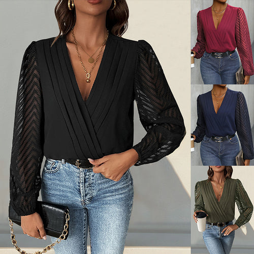 Damen Elegante Wickelbluse mit plissiertem V-Ausschnitt und transparenten Chevron-Ärmeln Nord Taschen