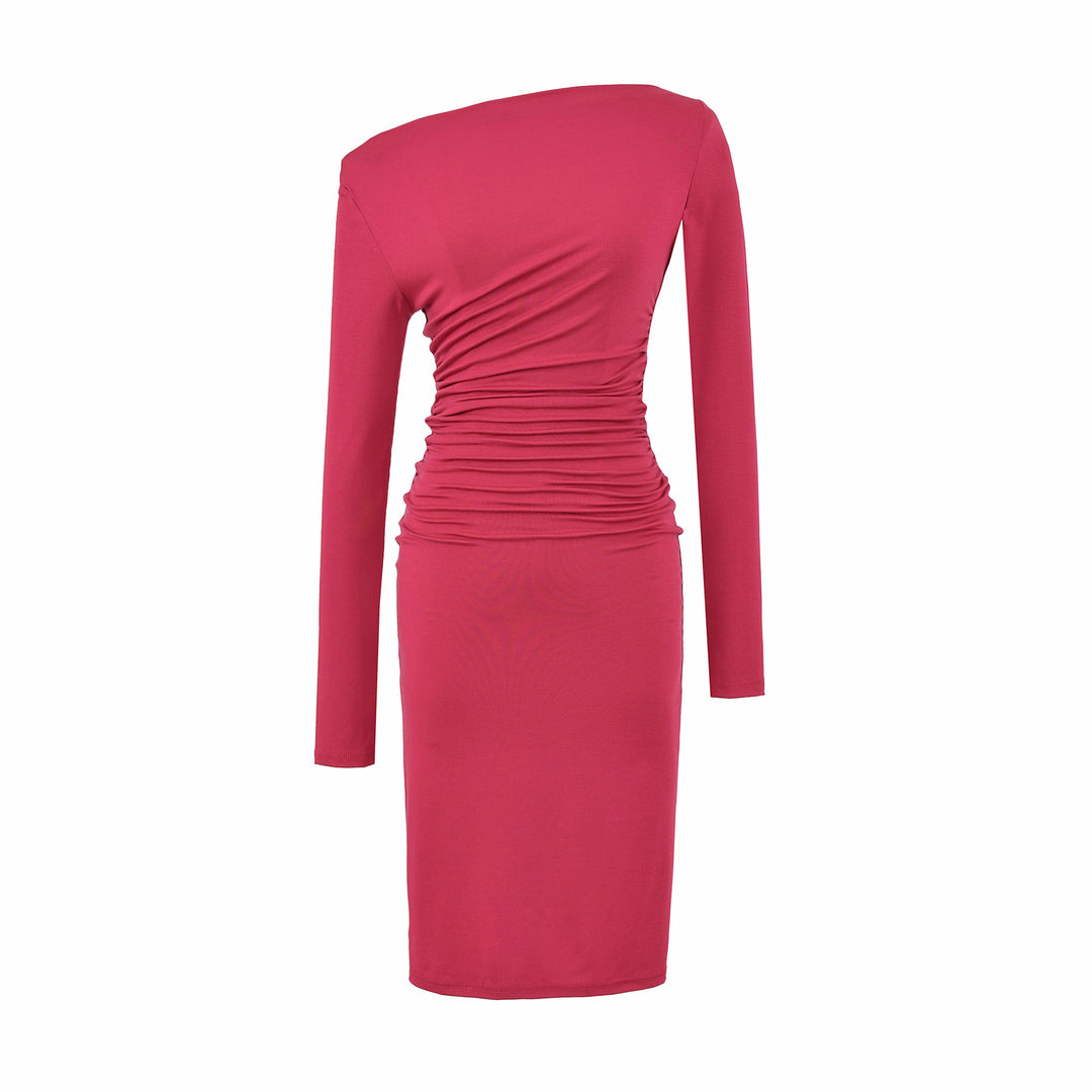 Damen Asymmetrisches Ein-Schulter-Midikleid mit Raffung und Langarm Nord Taschen