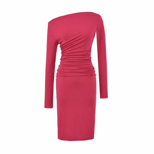 Damen Asymmetrisches Ein-Schulter-Midikleid mit Raffung und Langarm Nord Taschen