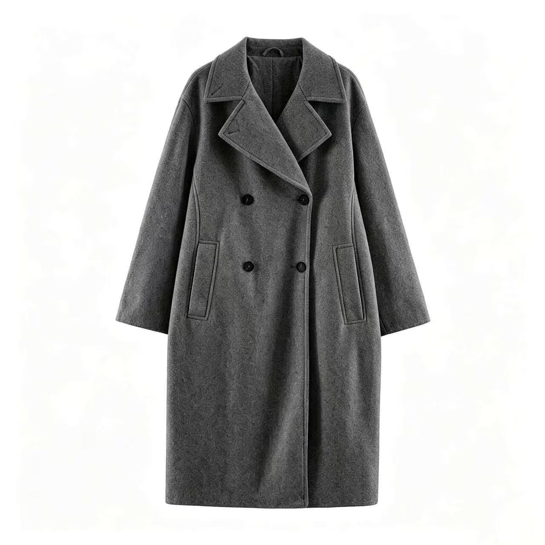 Damen Midilanger Wollmix-Doppelreihenmantel mit weitem Revers und Eingrifftaschen Nord Taschen