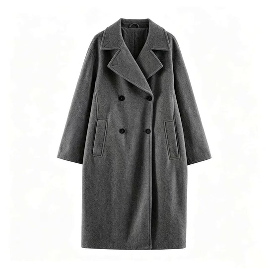 Damen Midilanger Wollmix-Doppelreihenmantel mit weitem Revers und Eingrifftaschen Nord Taschen