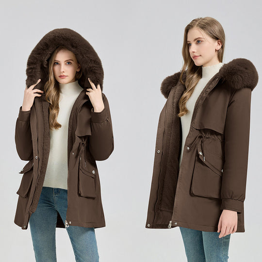Damen nan taillierter Thermo-Parka mit abnehmbarer Kunstpelzkapuze, weichem Teddyfutter und verstellbarem Tunnelzug Nord Taschen