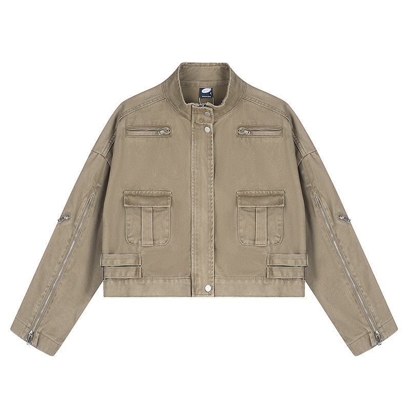 Damen Cropped Utility-Jacke mit Stehkragen, Mehrfachtaschen und Reißverschlussärmeln Nord Taschen