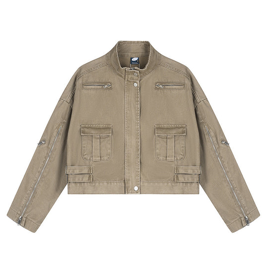 Damen Cropped Utility-Jacke mit Stehkragen, Mehrfachtaschen und Reißverschlussärmeln Nord Taschen