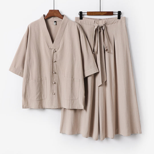 Damen Zweiteiliges Kimono-Lounge-Set mit Kurzarm-Knopfjacke, aufgesetzten Taschen und weiten Palazzo-Hosen Nord Taschen