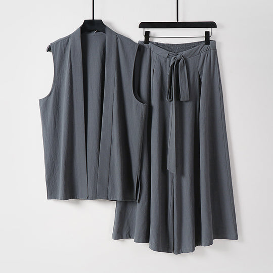 Damen Ärmellose Kimono-Weste und Hochtaillierte Culotte-Hose mit Bindegürtel Nord Taschen