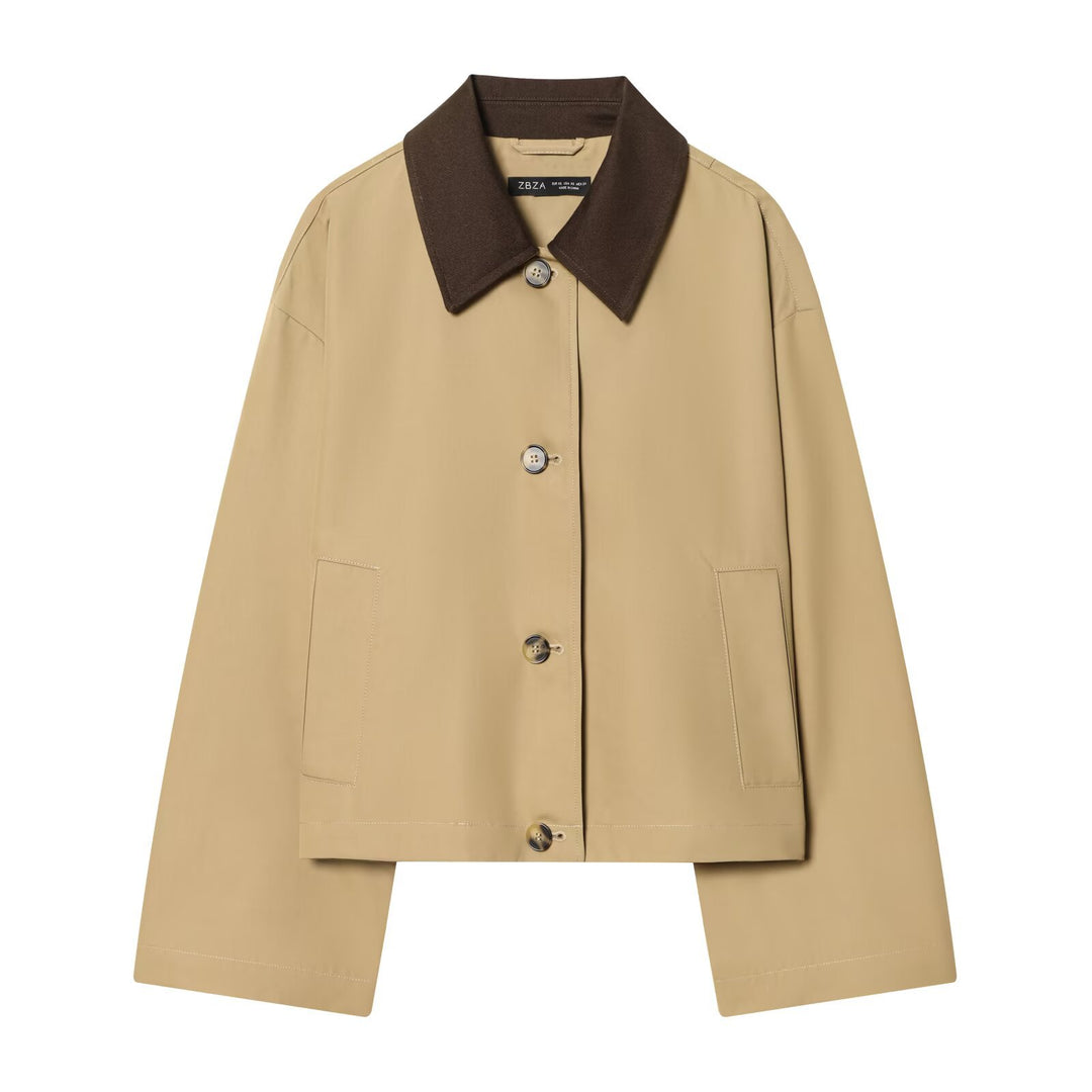 Damen Kurze Oversize-Harringtonjacke mit Kontrastkragen und aufgesetzten Taschen Nord Taschen