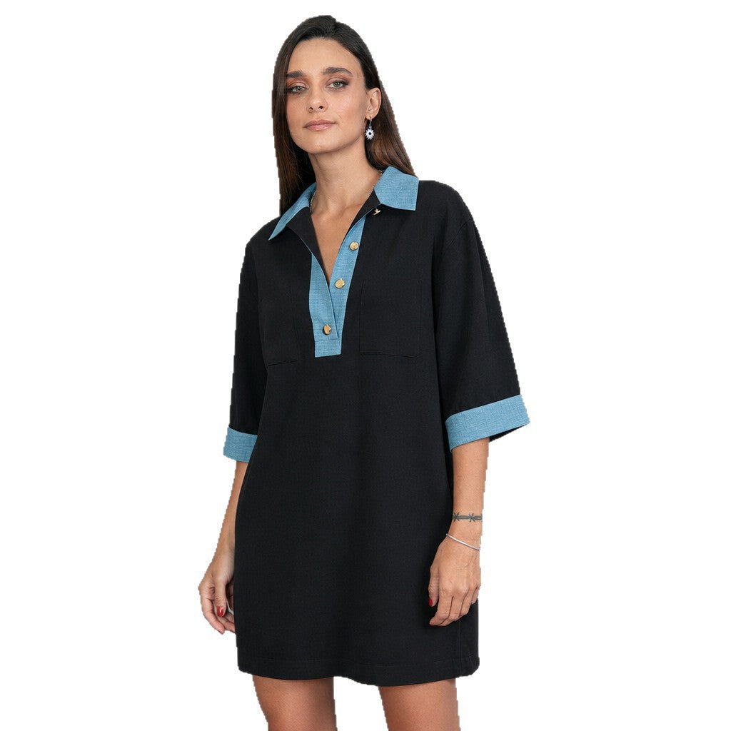 Damen oversized Polo-Tunika mit Kontrastkragen und aufgesetzten Brusttaschen Nord Taschen