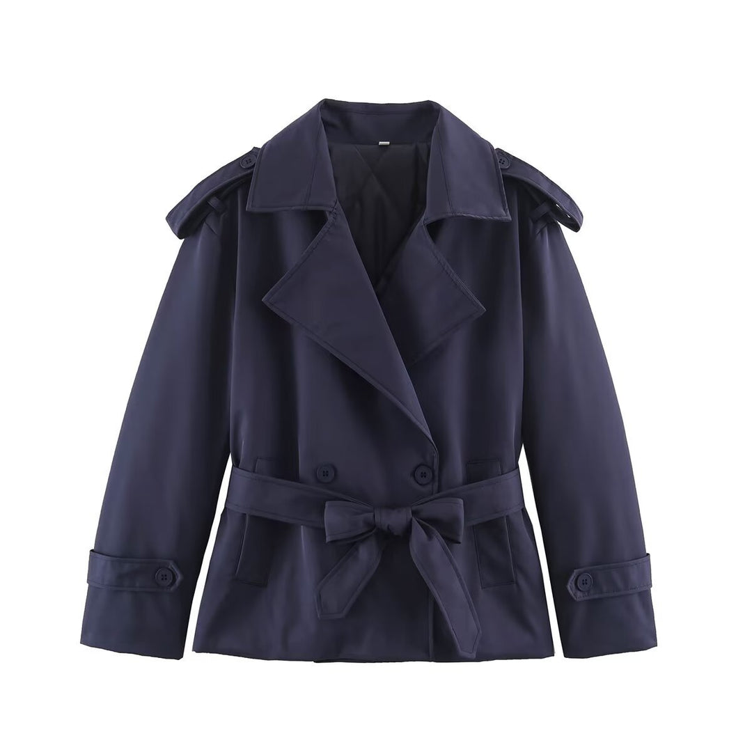 Damen Taillierte Kurz-Trenchjacke mit Bindegürtel und Schulterpatten Nord Taschen