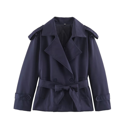 Damen Taillierte Kurz-Trenchjacke mit Bindegürtel und Schulterpatten Nord Taschen