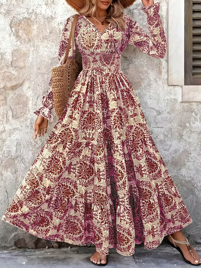Damen Boho‑Maxikleid mit Smok‑Taillenpartie, V‑Ausschnitt und Stufenrock Nord Taschen
