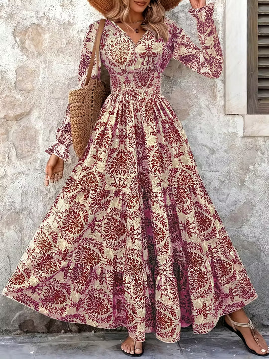 Damen Boho‑Maxikleid mit Smok‑Taillenpartie, V‑Ausschnitt und Stufenrock Nord Taschen