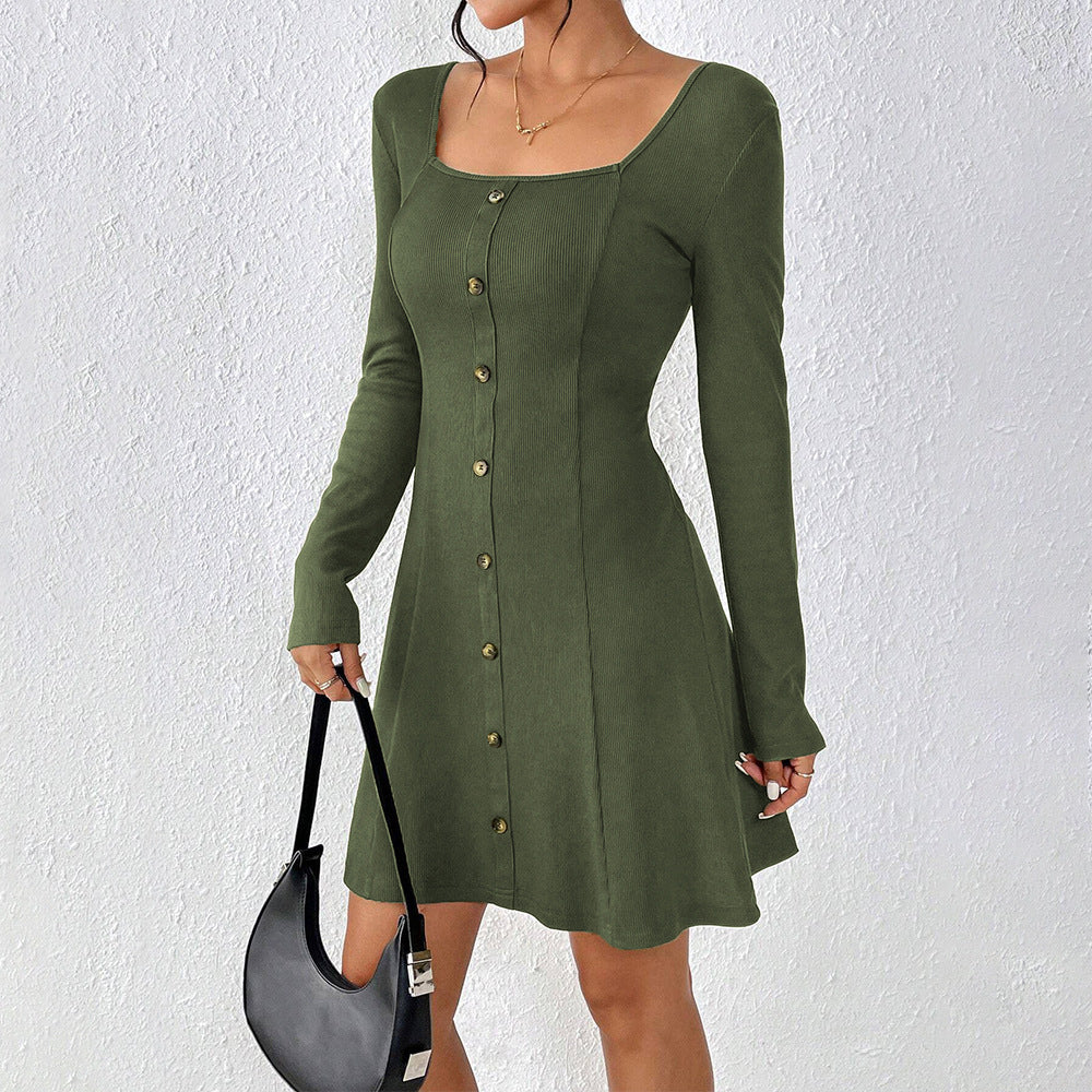 Damen ausgestelltes Strick‑Korsagenkleid mit durchgehender Knopfleiste, Square‑Neck und figurformenden Teilungsnähten Nord Taschen