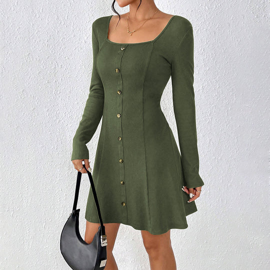 Damen ausgestelltes Strick‑Korsagenkleid mit durchgehender Knopfleiste, Square‑Neck und figurformenden Teilungsnähten Nord Taschen