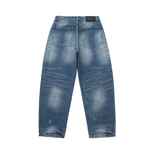 Damen locker geschnittene hochtaillierte Jeans im Used-Look mit ausgefransten Details und Ziernähten Nord Taschen
