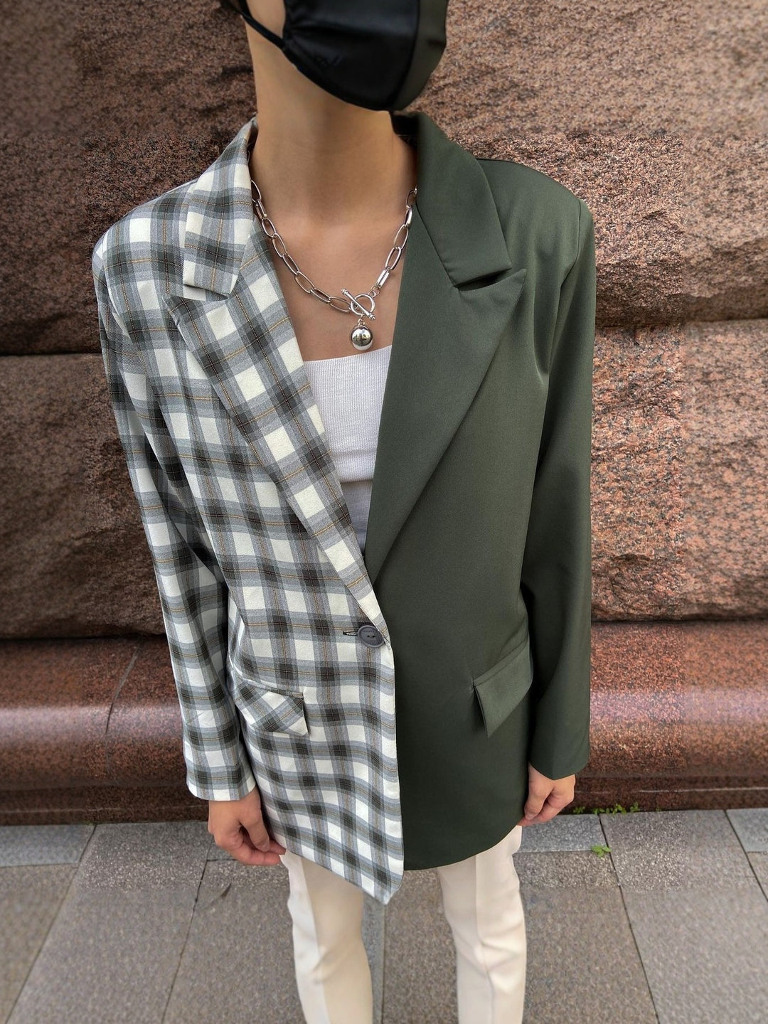 Damen Zweifarbiger Oversize-Blazer mit Karomuster und Reverskragen Nord Taschen