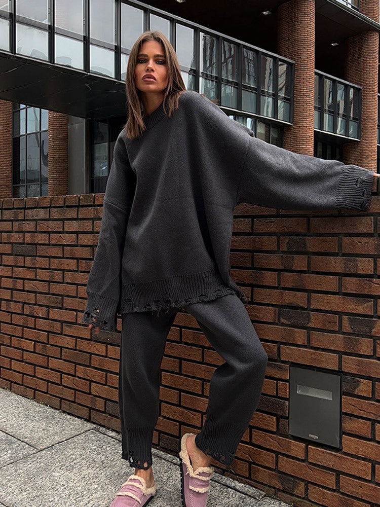 Damen Oversize-Strickset aus Feinstrick mit Destroyed-Saum, weitem Pullover und legerer Schlupfhose Nord Taschen
