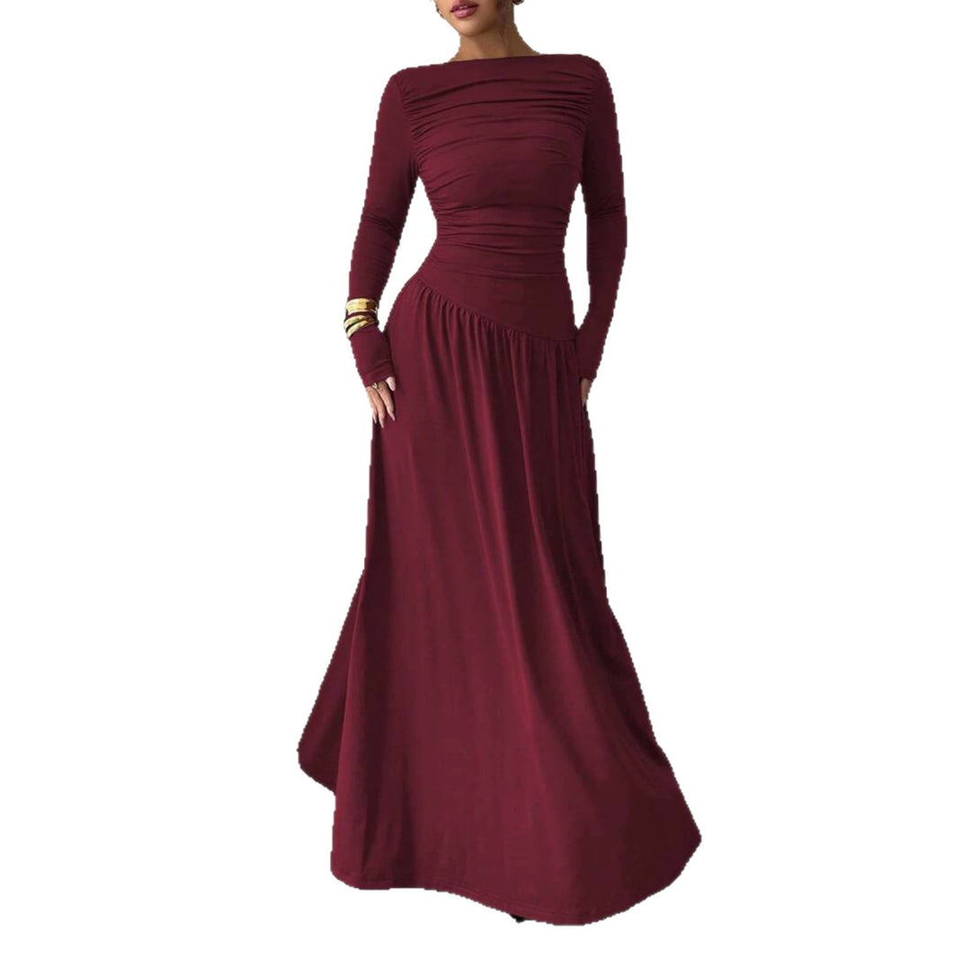 Damen Maxikleid mit gerafftem Oberteil, tailliertem Bund und Langarm Nord Taschen