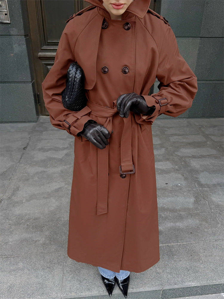 Damen Lang geschnittener wasserabweisender Trenchcoat mit hohem Stehkragen und Taillengürtel Nord Taschen