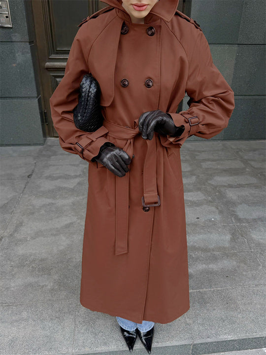Damen Lang geschnittener wasserabweisender Trenchcoat mit hohem Stehkragen und Taillengürtel Nord Taschen