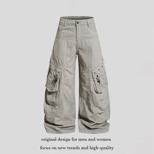 Damen Weite High‑Waist Cargo‑Culotte‑Jeanshose mit Pattentaschen und Vintage‑Wash Nord Taschen
