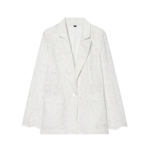 Damen Leichter Broderie-Anglaise-Blazer mit Schalkragen und Lochstickerei Nord Taschen