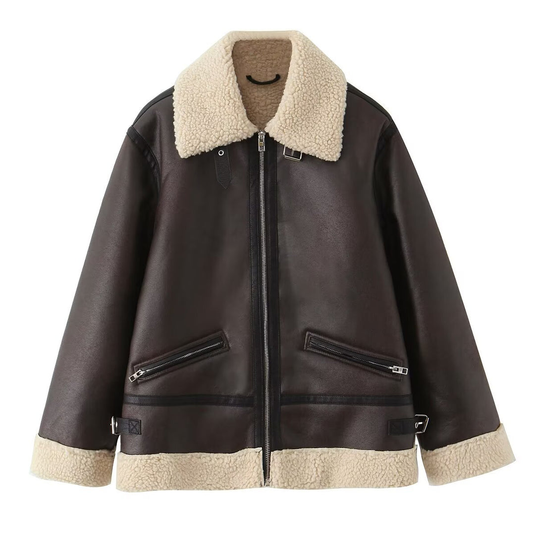 Damen Oversize-Fliegerjacke aus Kunstleder mit Teddykragen und Zipper-Taschen Nord Taschen