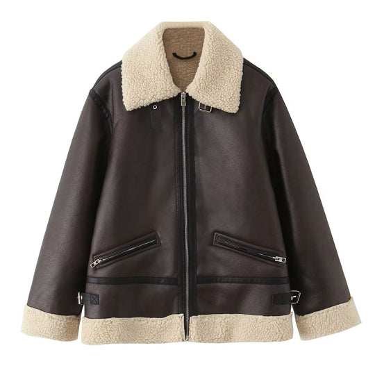 Damen Oversize-Fliegerjacke aus Kunstleder mit Teddykragen und Zipper-Taschen Nord Taschen