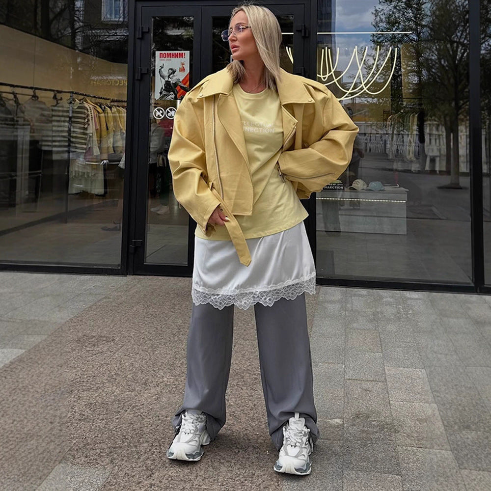 Damen Oversize-Bikerjacke aus veganem Lederimitat mit großem Revers und Taillengürtel Nord Taschen