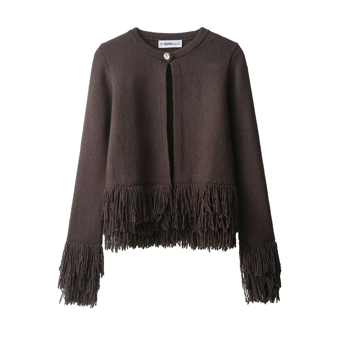 Damen Kurzer Strickcardigan mit Fransenbesatz, Rundhalsausschnitt und Ein-Knopf-Verschluss Nord Taschen