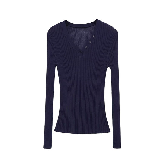 Damen Figurbetontes Rippstrick-Longsleeve mit V-Ausschnitt und Zierknopfleiste Nord Taschen
