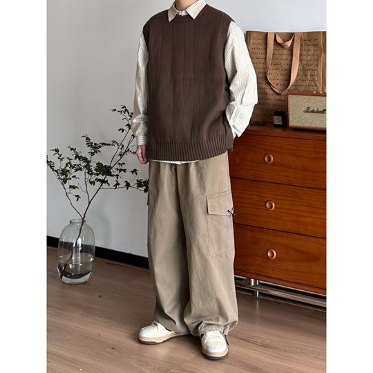 Herren Oversized Ärmellose Strickweste mit geripptem Saum und Rundhalsausschnitt Nord Taschen