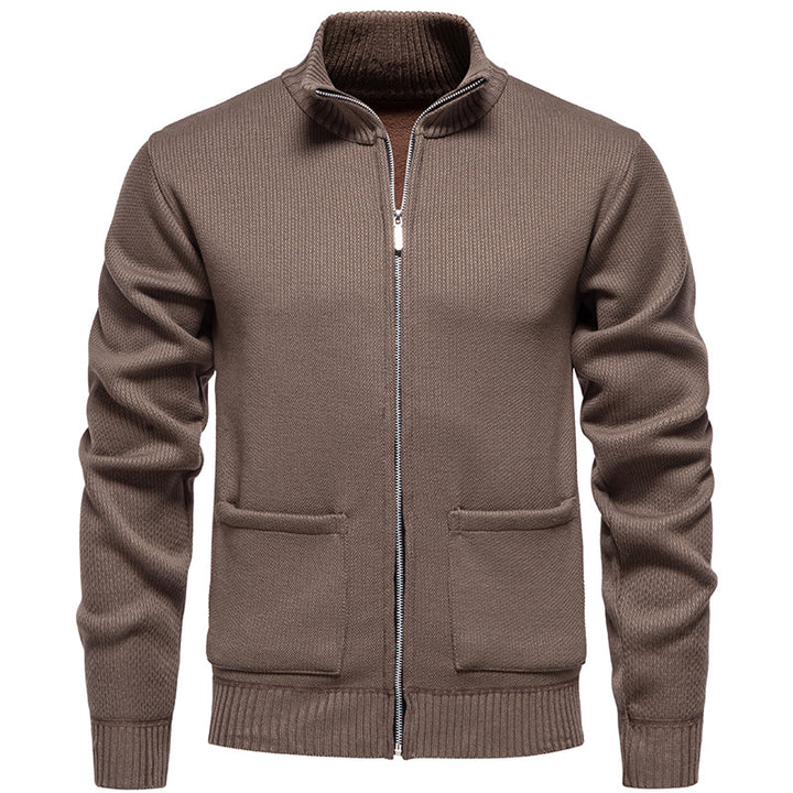 Herren feinstrukturierter Reißverschluss-Strickcardigan mit Stehkragen und aufgesetzten Taschen Nord Taschen