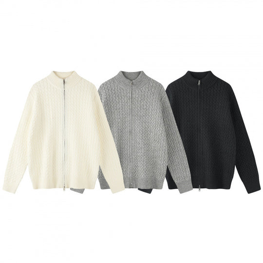 Unisex Boxy-Strickjacke mit Zopfmuster, Stehkragen und Zwei-Wege-Reißverschluss Nord Taschen