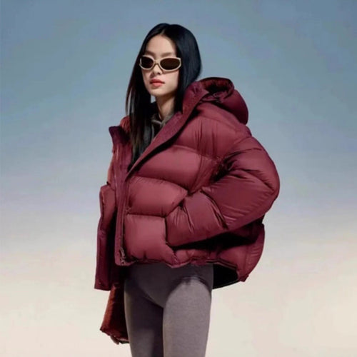 Damen Kurz geschnittene Steppjacke mit Kapuze und hoher Isolierung Nord Taschen